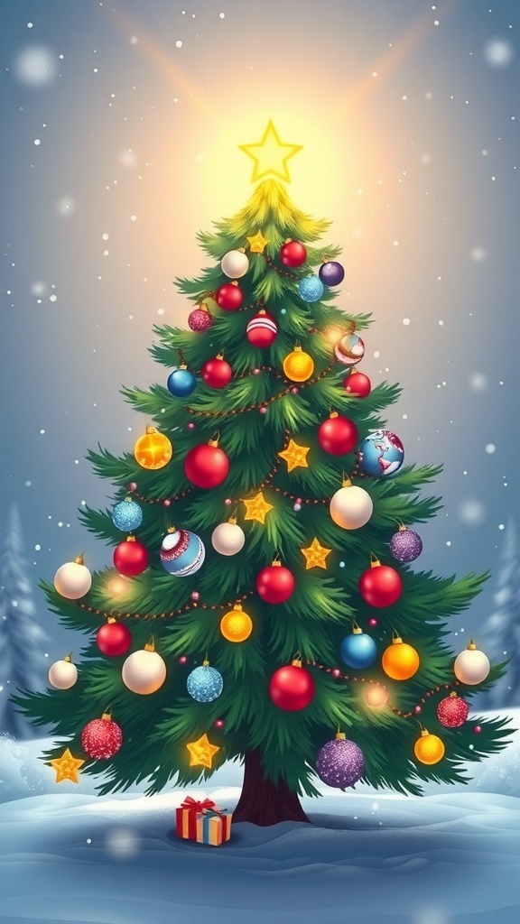 Christmas Tree Vector Art Vector art of a decorated Christmas tree with ornaments and lights on a snowy background.